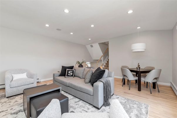 Dining room, Interior, Living room, Pendant Lights, Recessed Lighting, Wood Texture Flooring