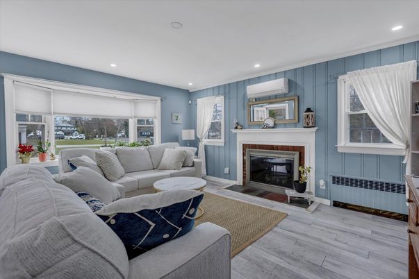 Fireplace, Interior, Living room, Recessed Lighting, Wood Texture Flooring