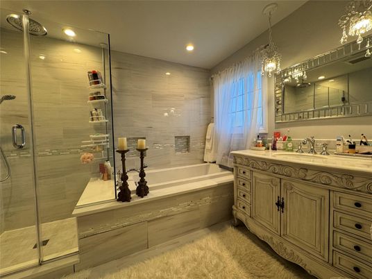 Bathroom, Chandelier, Glass Shower, Interior, Recessed Lighting