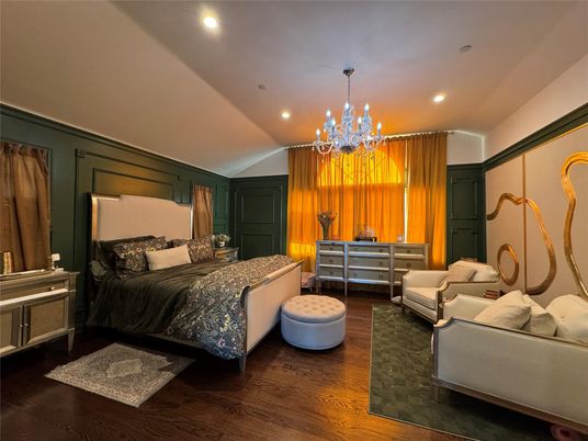 Bedroom, Chandelier, Interior, Recessed Lighting, Wood Texture Flooring