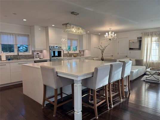 Chandelier, Interior, Kitchen, Pendant Lights, Recessed Lighting, Stainless Steel Appliances, Wood Texture Flooring