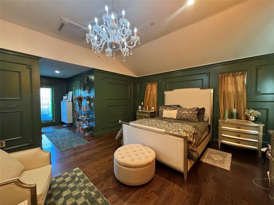 Bedroom, Chandelier, Interior, Recessed Lighting, Wood Texture Flooring