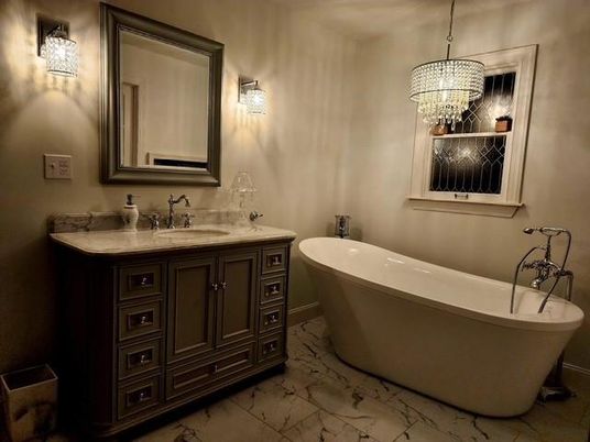 Bathroom, Chandelier, Free Standing Baths, Interior, Marble