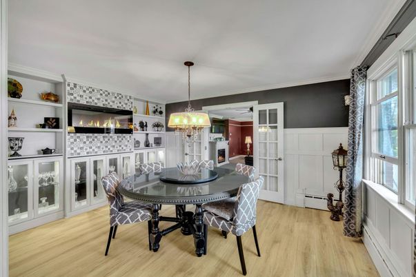 Chandelier, Dining room, Interior, Pendant Lights, Wood Texture Flooring