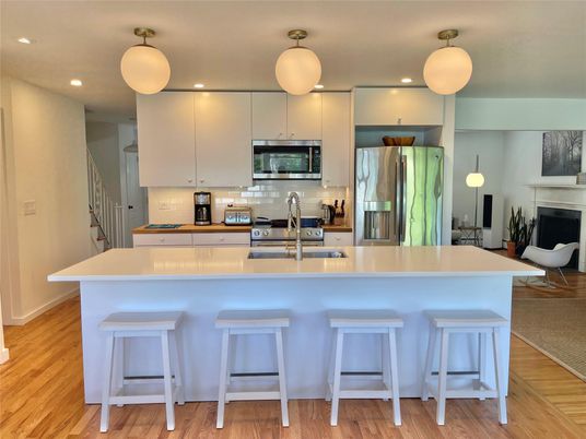 Interior, Kitchen, Pendant Lights, Recessed Lighting, Stainless Steel Appliances, Wood Texture Flooring