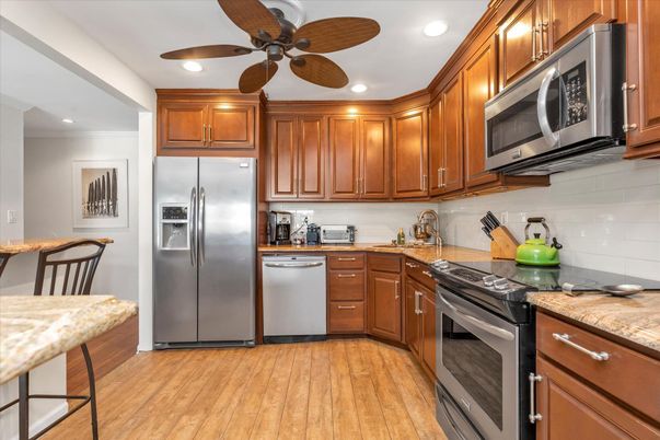 Interior, Kitchen, Recessed Lighting, Stainless Steel Appliances, Wood Texture Flooring