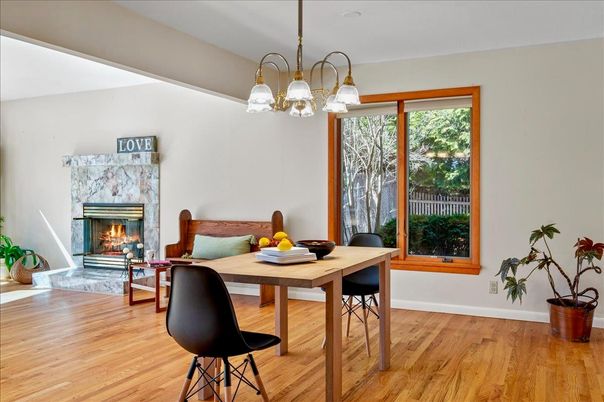 Dining room, Fireplace, Interior, Living room, Pendant Lights, Wood Texture Flooring