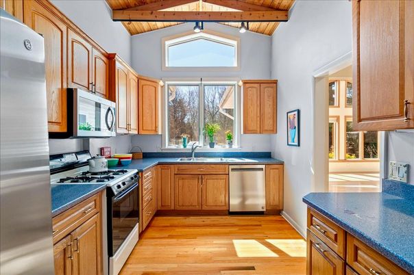Interior, Kitchen, Pendant Lights, Stainless Steel Appliances, Wooden Beams, Wooden Ceilings, Wood Texture Flooring