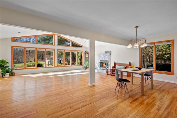 Dining room, Fireplace, Interior, Pendant Lights, Wood Texture Flooring
