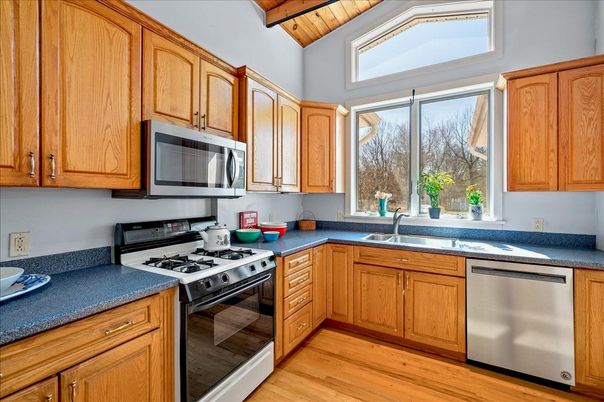 Interior, Kitchen, Stainless Steel Appliances, Wooden Ceilings, Wood Texture Flooring