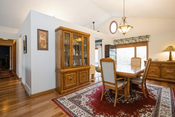 Dining room, Interior, Pendant Lights, Wood Texture Flooring