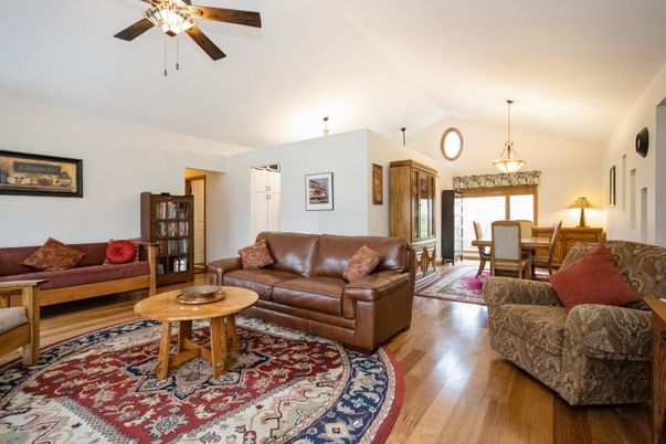 Dining room, Interior, Living room, Pendant Lights, Wood Texture Flooring