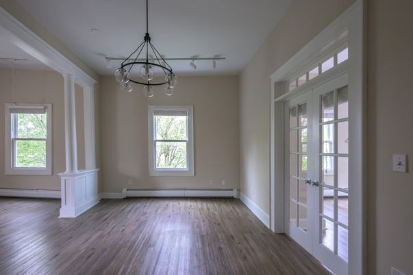 Chandelier, Empty room, Interior, Pendant Lights, Wood Texture Flooring