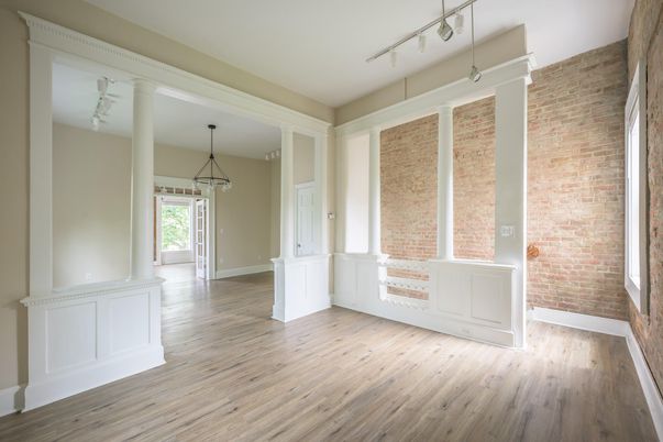 Empty room, Interior, Pendant Lights, Stone Walls, Wood Texture Flooring