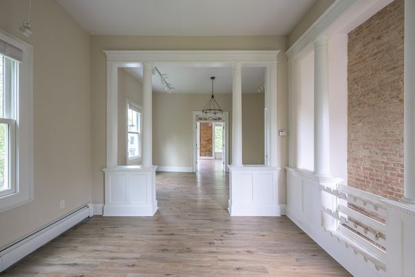Empty room, Interior, Pendant Lights, Stone Walls, Wood Texture Flooring