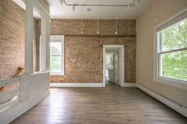 Empty room, Interior, Pendant Lights, Stone Walls, Wood Texture Flooring