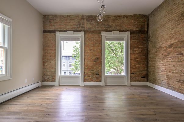 Empty room, Interior, Pendant Lights, Stone Walls, Wood Texture Flooring