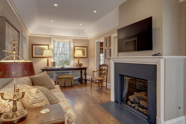 Fireplace, Home Office, Interior, Recessed Lighting, Wood Texture Flooring