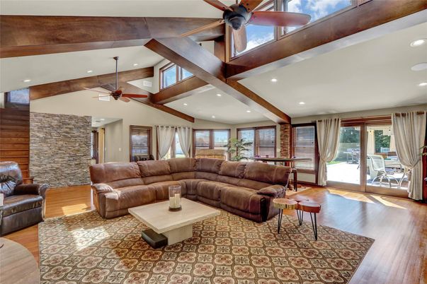 Interior, Living room, Recessed Lighting, Stone Walls, Wooden Beams, Wood Texture Flooring