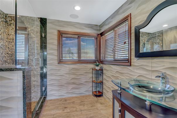 Bathroom, Glass Shower, Interior, Recessed Lighting, Wood Texture Flooring