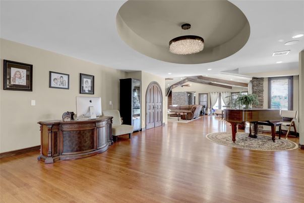 Chandelier, Interior, Living room, Piano, Recessed Lighting, Wooden Beams, Wood Texture Flooring