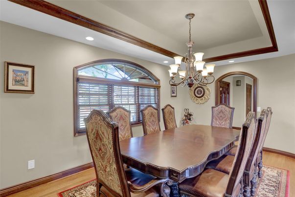 Chandelier, Dining room, Interior, Recessed Lighting, Wood Texture Flooring