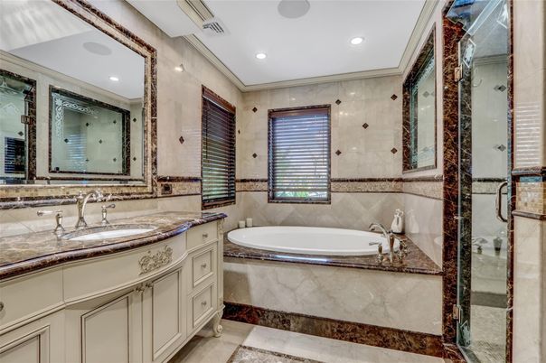 Bathroom, Dual Sink Vanities, Glass Shower, Interior, Recessed Lighting