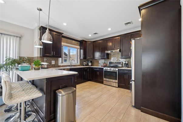 Interior, Kitchen, Pendant Lights, Recessed Lighting, Stainless Steel Appliances, Wood Texture Flooring