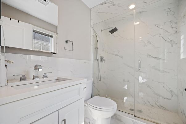 Bathroom, Glass Shower, Interior, Marble Walls, Recessed Lighting