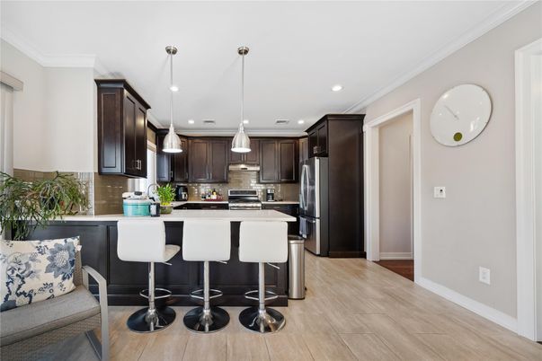 Interior, Kitchen, Pendant Lights, Recessed Lighting, Stainless Steel Appliances, Wood Texture Flooring