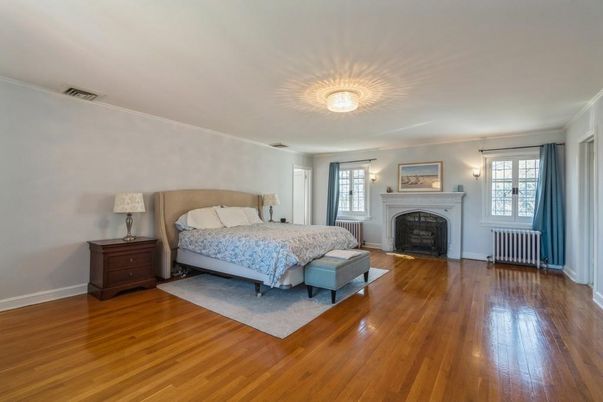 Bedroom, Fireplace, Interior, Wood Texture Flooring
