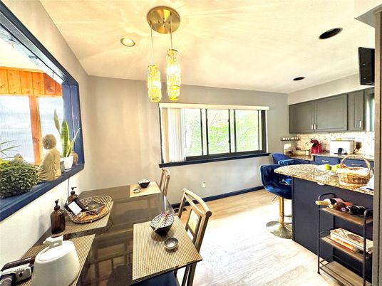 Dining room, Interior, Pendant Lights, Recessed Lighting, Wood Texture Flooring