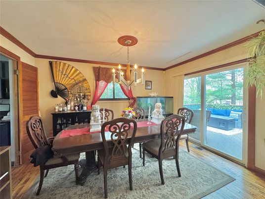 Chandelier, Dining room, Interior, Wood Texture Flooring