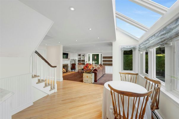 Fireplace, Glass Ceilings, Interior, Recessed Lighting, Wood Texture Flooring