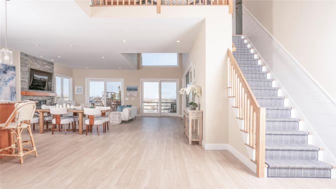 Dining room, Fireplace, Interior, Living room, Pendant Lights, Recessed Lighting, Wood Texture Flooring