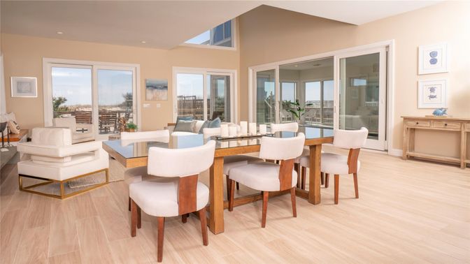 Dining room, Interior, Living room, Recessed Lighting, Wood Texture Flooring