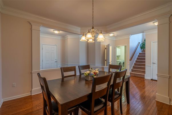 Dining room, Interior, Pendant Lights, Wood Texture Flooring