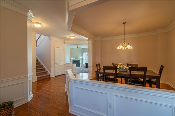 Dining room, Interior, Pendant Lights, Wood Texture Flooring
