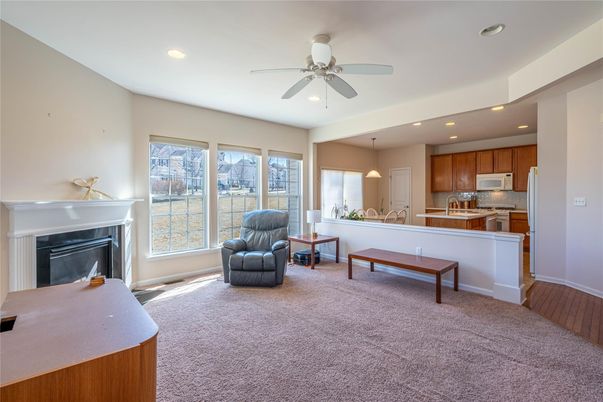 Fireplace, Interior, Kitchen, Pendant Lights, Recessed Lighting, Wood Texture Flooring