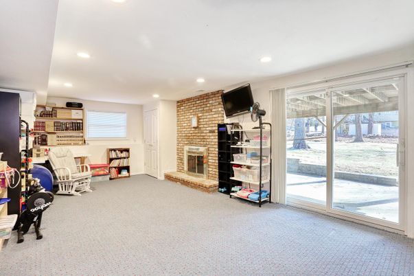 Fireplace, Interior, Recessed Lighting, Stone Walls