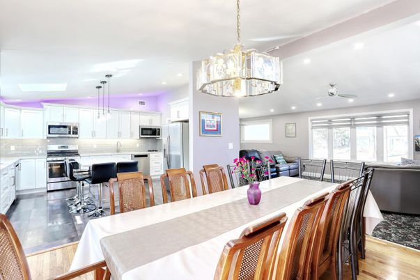 Dining room, Interior, Kitchen, Living room, Pendant Lights, Recessed Lighting, Stainless Steel Appliances, Wood Texture Flooring