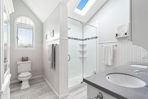 Bathroom, Dual Sink Vanities, Glass Shower, Interior, Wood Texture Flooring