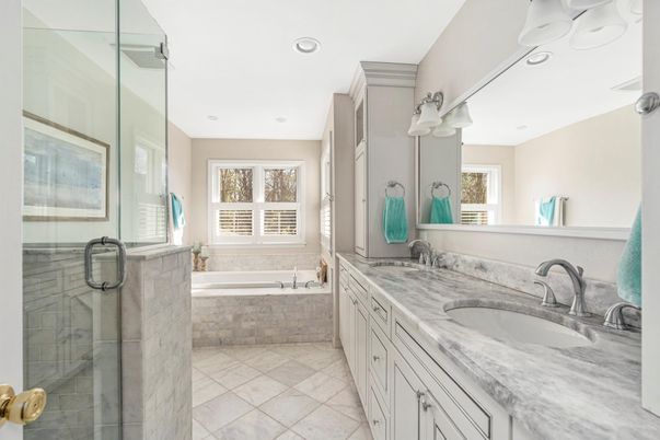 Bathroom, Dual Sink Vanities, Glass Shower, Interior, Recessed Lighting