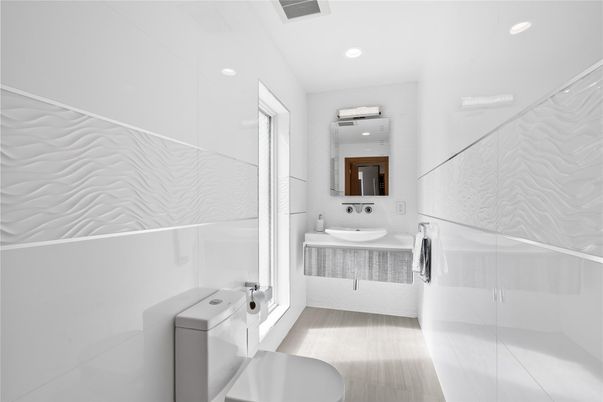 Bathroom, Interior, Recessed Lighting, Wood Texture Flooring