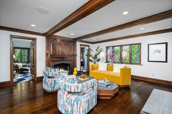 Fireplace, Interior, Living room, Recessed Lighting, Wood Texture Flooring