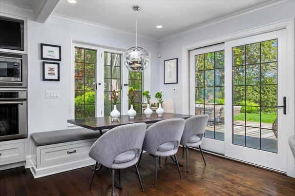 Dining room, Interior, Pendant Lights, Recessed Lighting, Wood Texture Flooring