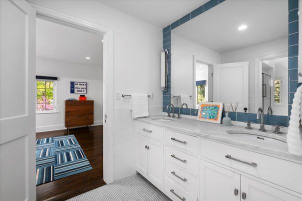 Bathroom, Dual Sink Vanities, Interior, Recessed Lighting, Wood Texture Flooring