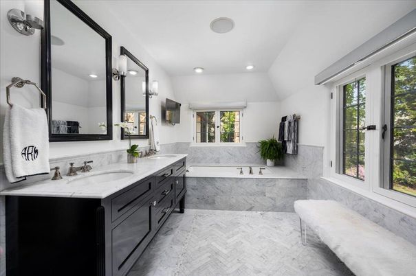 Bathroom, Dual Sink Vanities, Interior, Marble, Marble Walls, Recessed Lighting