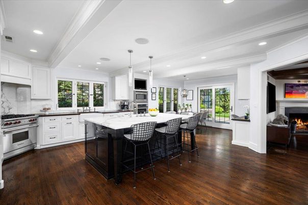 Fireplace, Interior, Kitchen, Pendant Lights, Recessed Lighting, Stainless Steel Appliances, Wood Texture Flooring