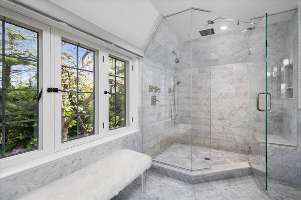 Bathroom, Glass Shower, Interior, Marble, Marble Walls, Recessed Lighting